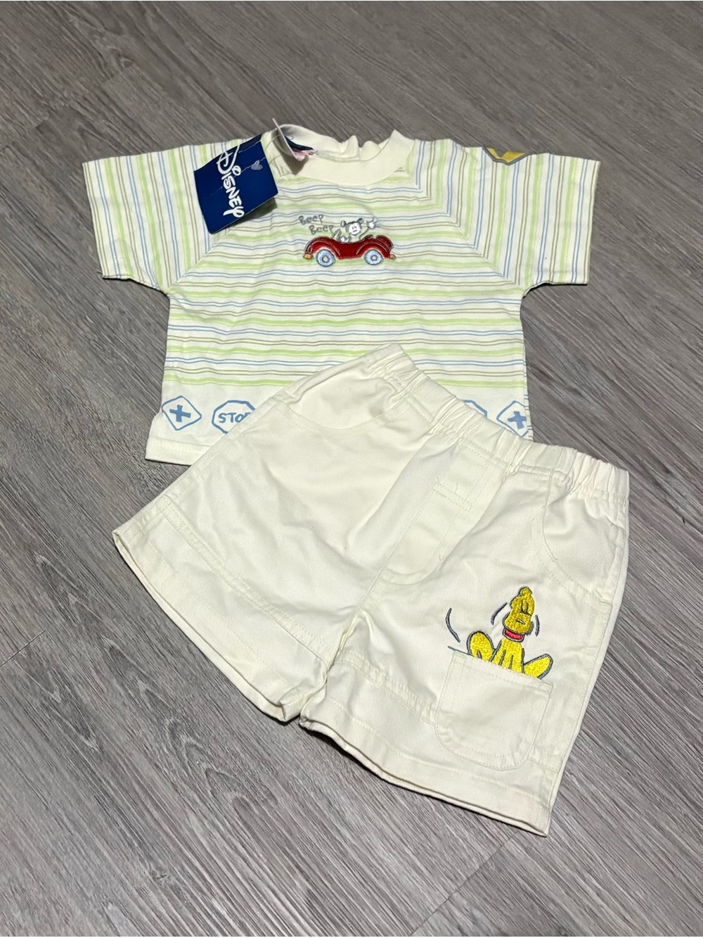 Vintage Disney Cream & Yellow Striped Baby Tee with Cream Shorts